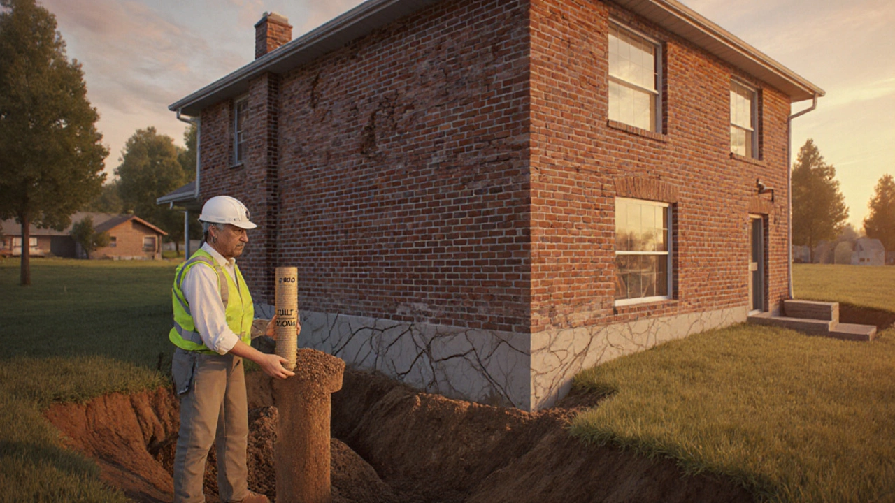 Кирпичный дом с трещинами на стенах из-за неправильной толщины фундамента на глинистом грунте.