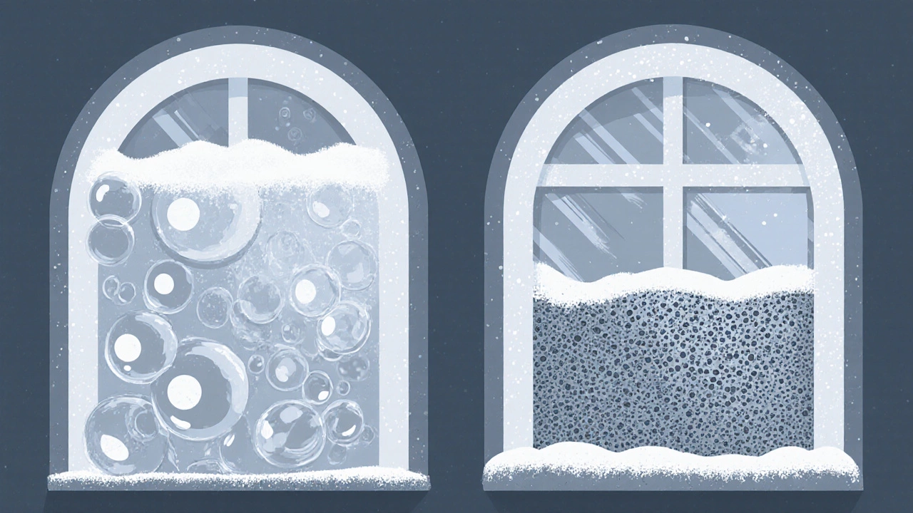 Разрез бетона: крупные воздушные поры от мыла слева и равномерные поры от пластификатора справа.