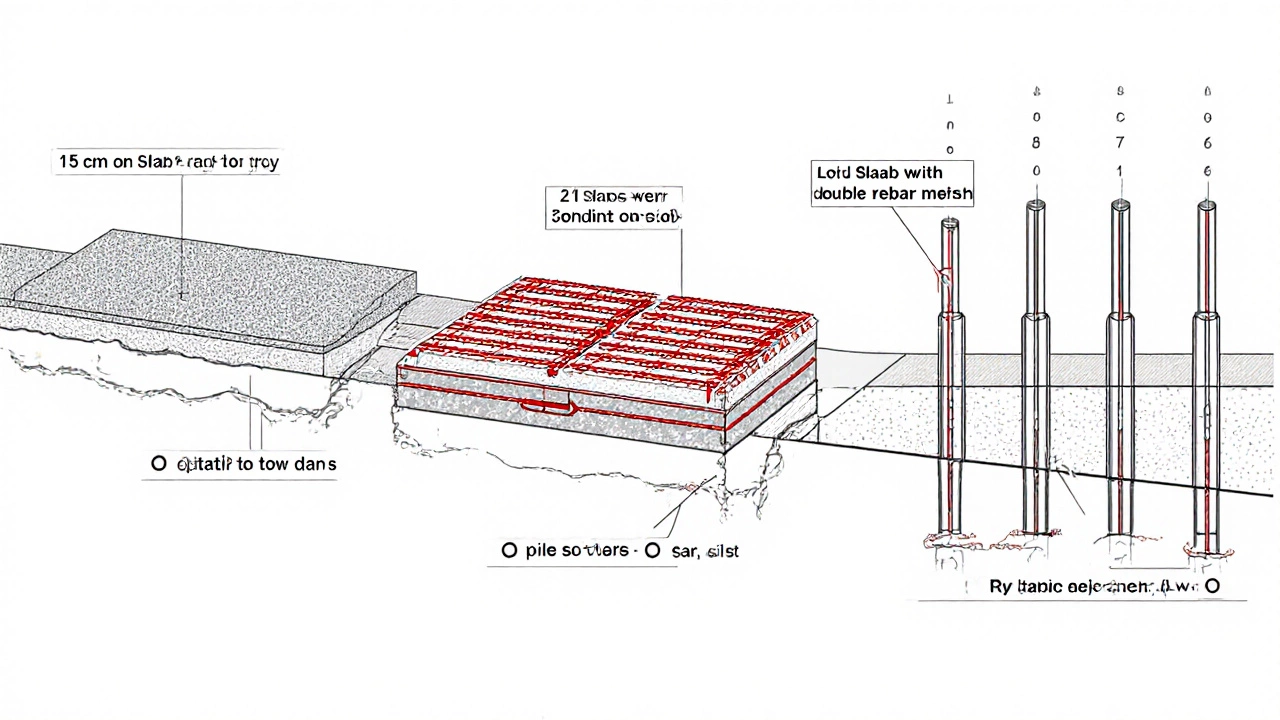 Сравнение трех типов фундаментных плит: тонкая, усиленная и свайно-плитная.