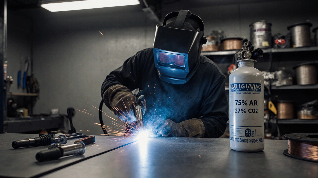 Сварка МИГ/МАГ на тонком металле в гараже, видна подача проволоки и баллон с газом.