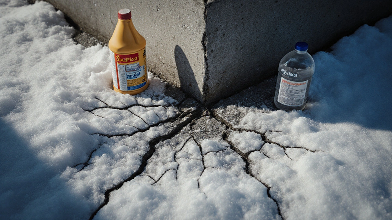 Трещины в бетонном фундаменте зимой рядом с бутылками мыла и пластификатора.