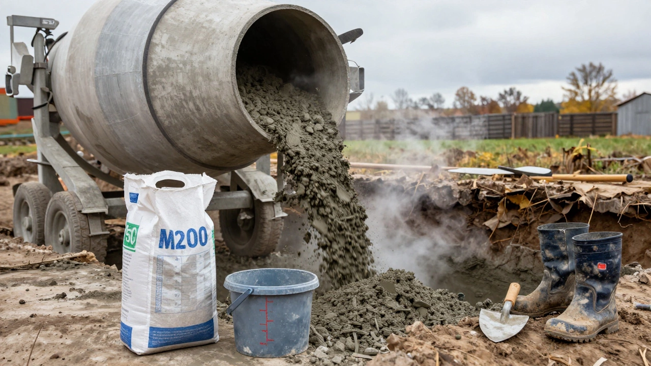 Бетономешалка заливает бетон М200 в фундаментную траншею, на переднем плане мешки и ведра.