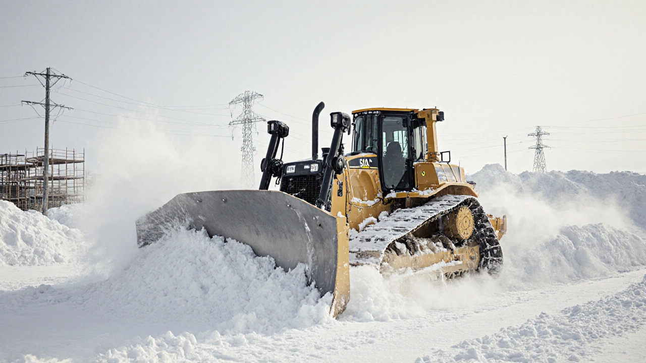 Бульдозер с угловым отвалом сдвигает снежный сугроб в сибирской зиме.