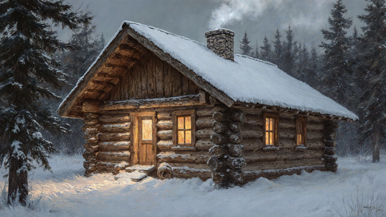 Деревянный сруб в Карелии с широким карнизом и дымом из трубы, стоящий более 200 лет в тишине леса.