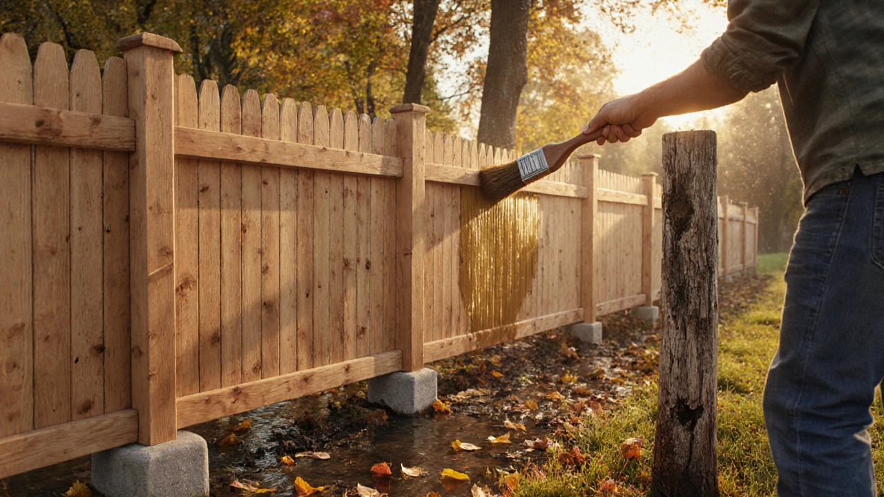 Деревянный забор на бетонных столбах, хозяин обрабатывает доски защитным составом.