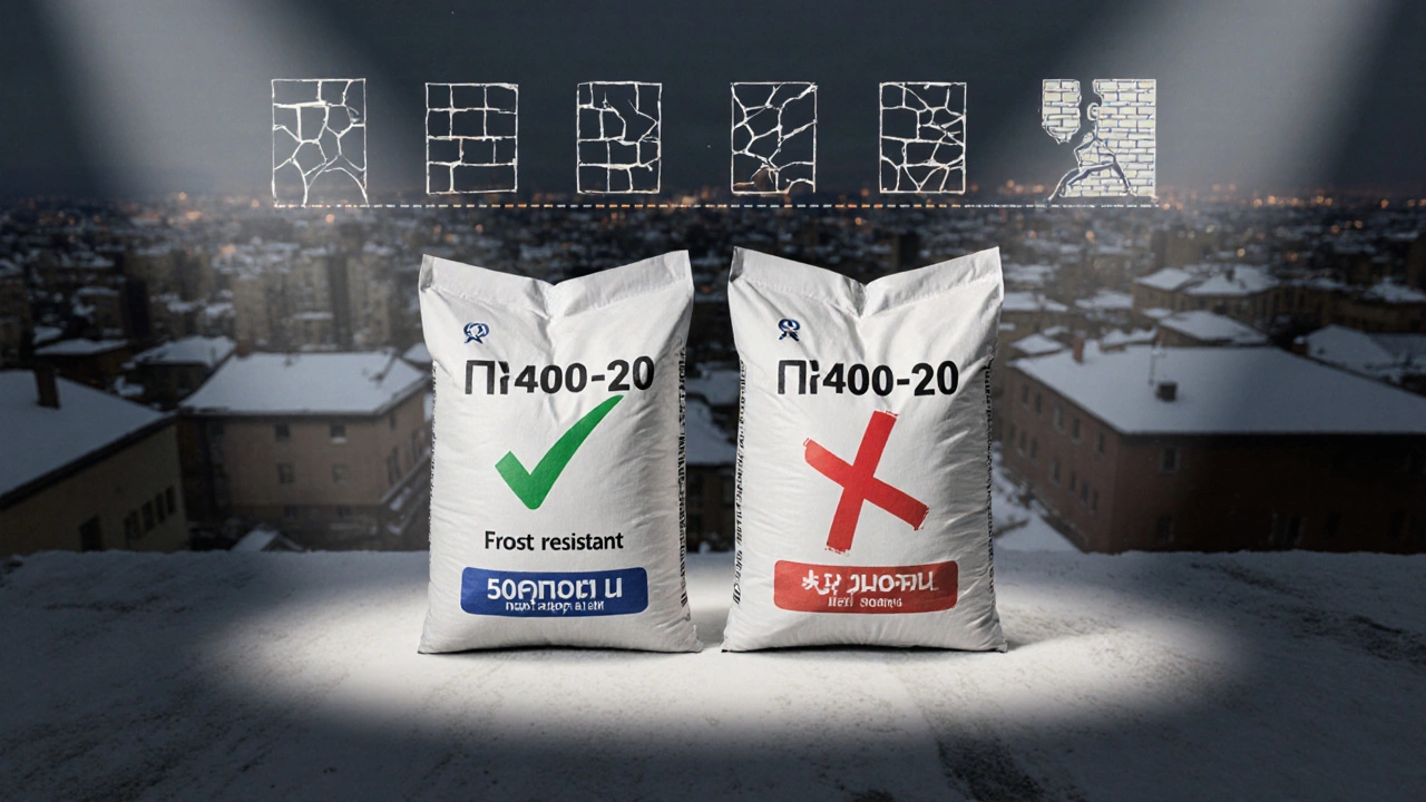 Два мешка цемента: правильный М400-Д20 с зеленой галочкой и неподходящий М300-Д0 с красным крестом, на фоне города Казань.