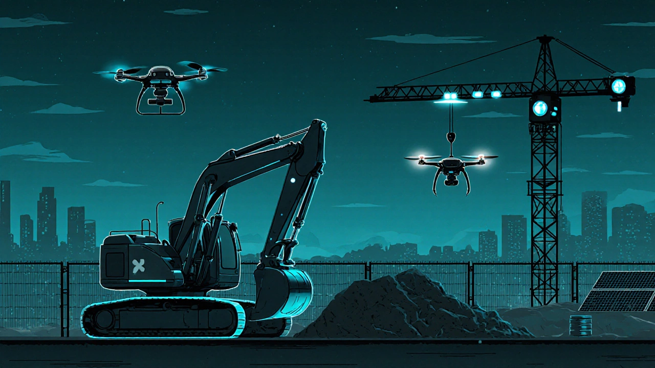 Электрический экскаватор и дрон на современной стройке при закате.