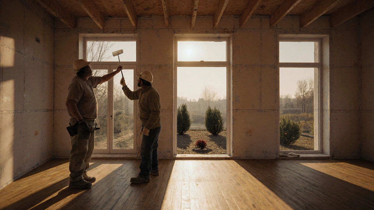 Интерьер дома в Казани с нанесённой краской и уложенным полом, свет падает через новые окна.