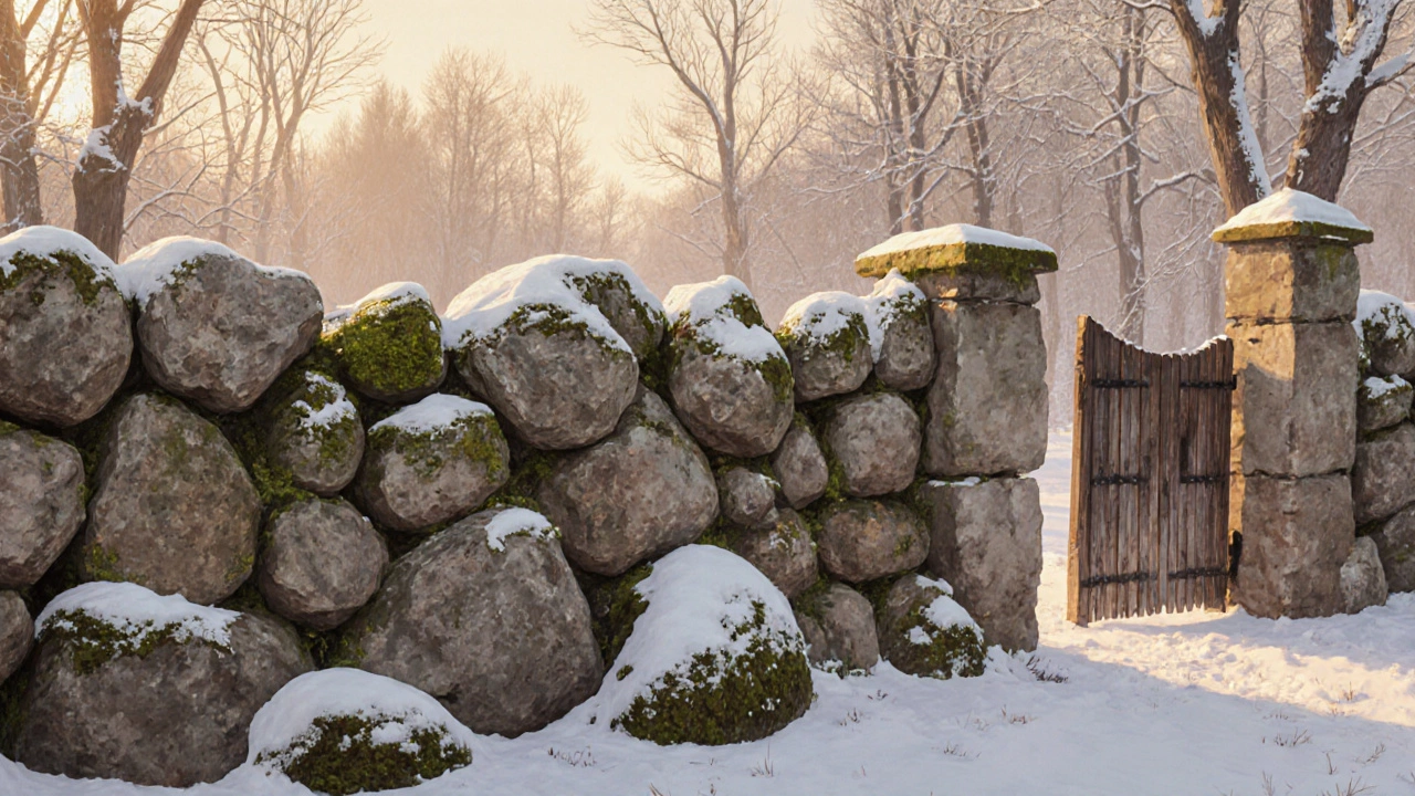 Каменный забор из гранита в старинной усадьбе, устойчивый к морозам и времени.