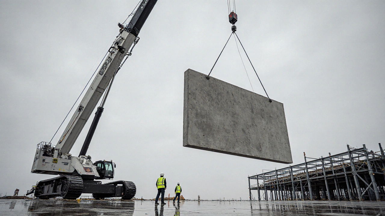Кран поднимает бетонную панель на высотное здание, рабочие направляют груз.