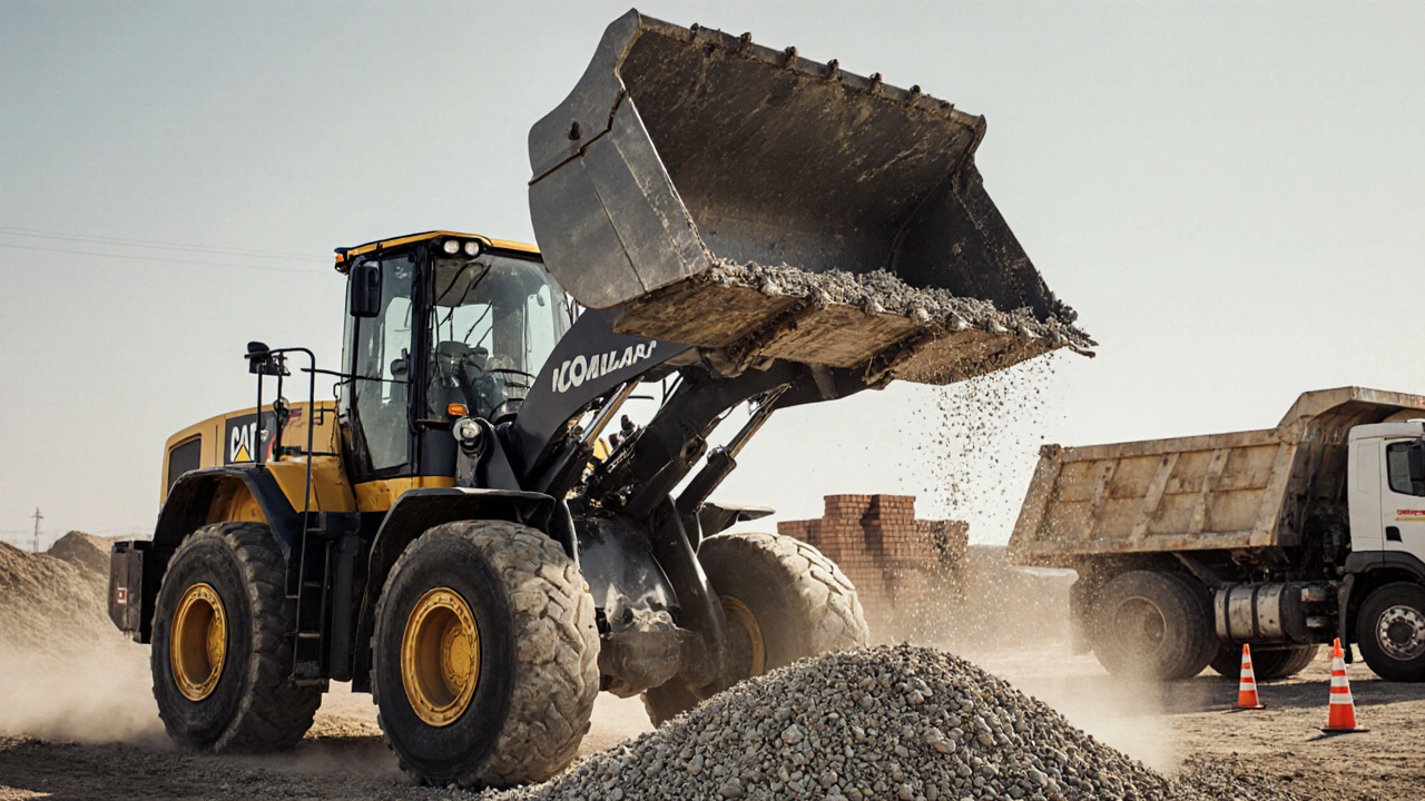 Погрузчик поднимает щебень широким ковшом к грузовику на стройке.