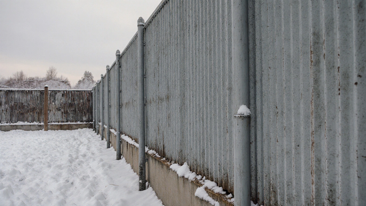 Профнастил с полимерным покрытием на оцинкованных столбах в бетоне, без ржавчины.