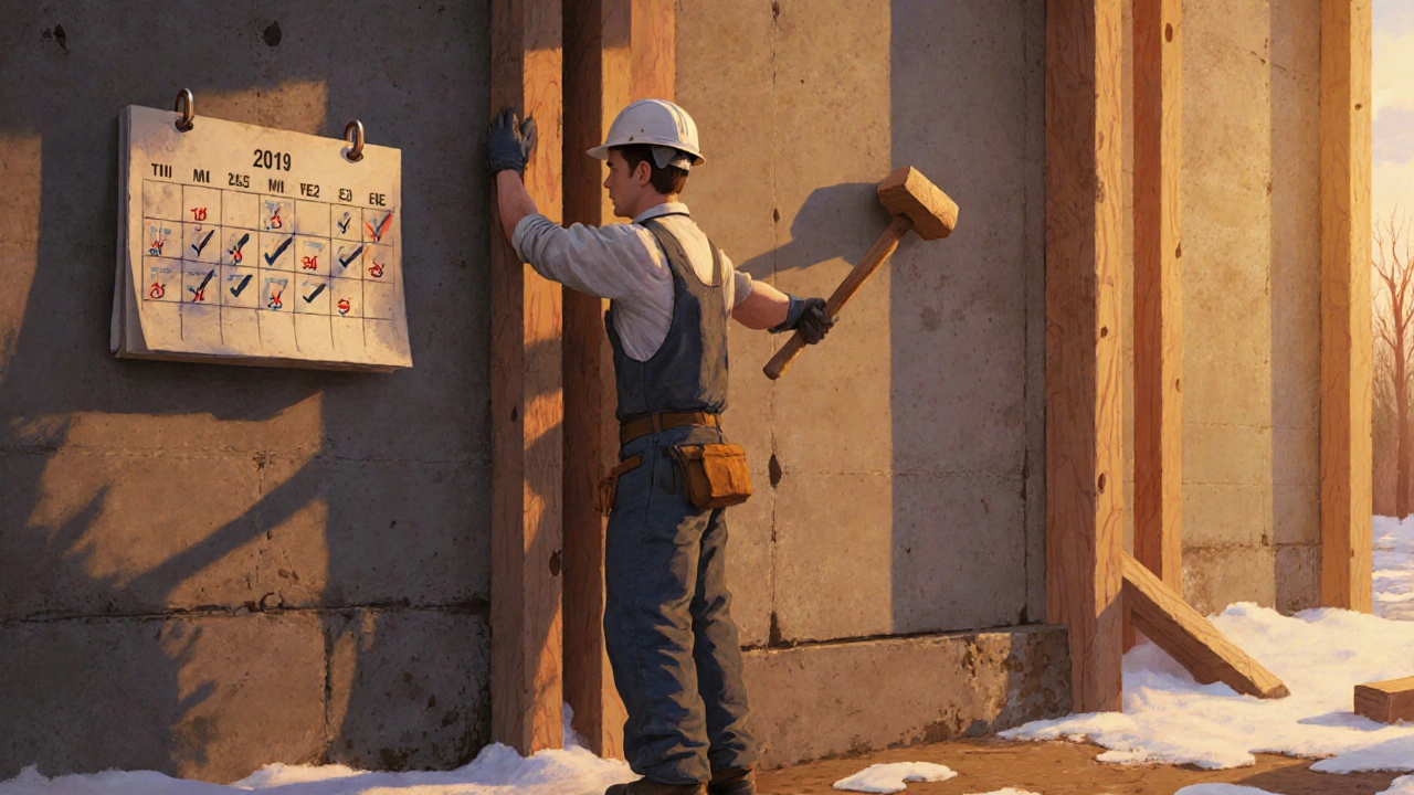 Рабочий стучит по бетону молотком, рядом календарь с отмеченными днями и температурой +5°C.
