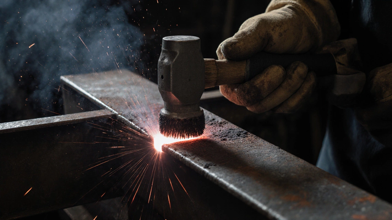 Рабочий удаляет шлак с только что сваренного шва, виден остаточный жар металла.