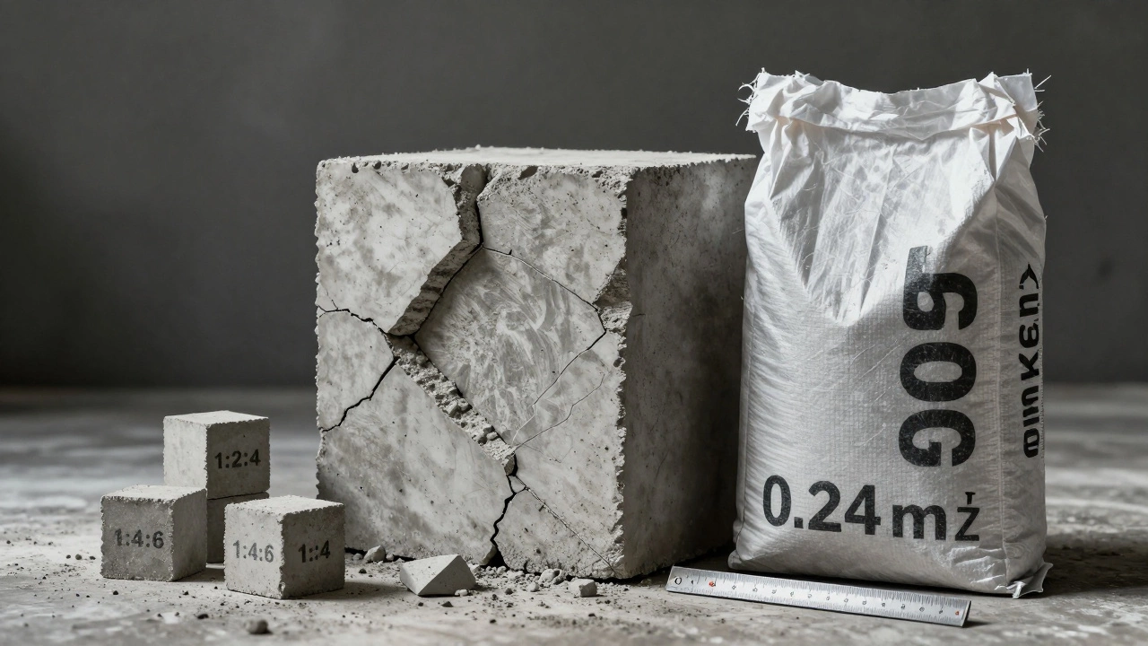 Разбитый куб бетона с внутренней структурой, рядом мешок цемента и метки пропорций 1:3:5, 1:4:6 и др.