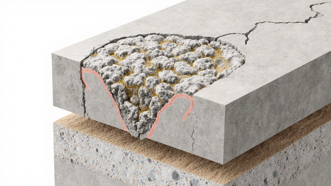 Разрез бетона: плотная структура с гранитным щебнем и цементным гелем.