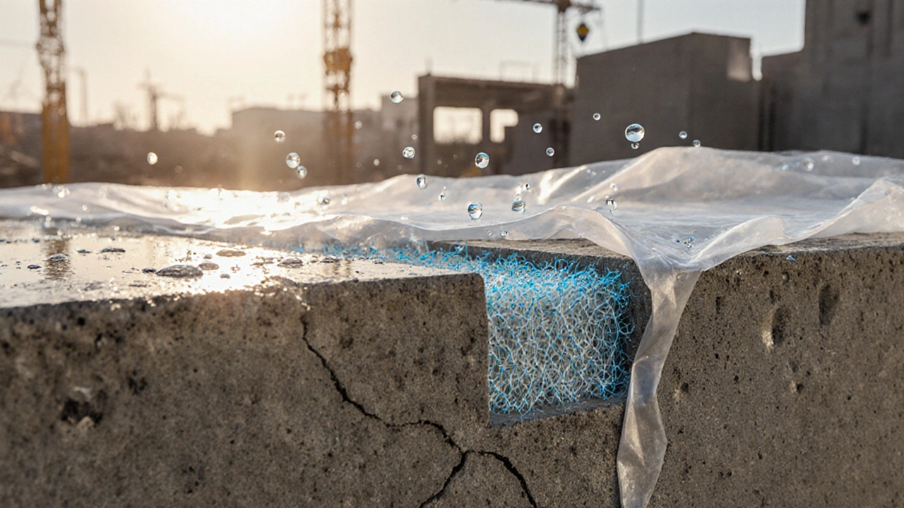 Разрез бетона с распределёнными волокнами, останавливающими микротрещины.