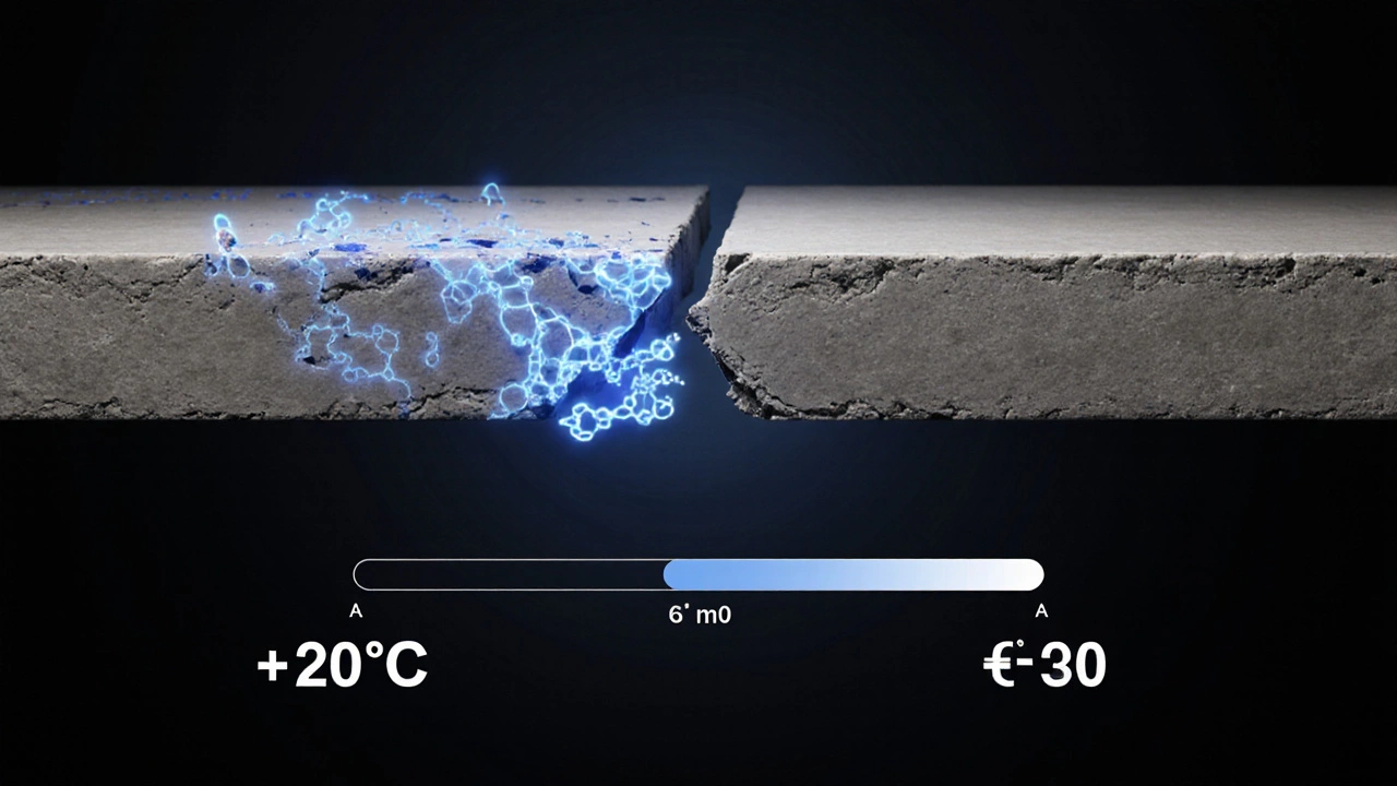 Разрез бетона: слева треснувший от раннего снятия, справа — прочный, с видимыми химическими связями.