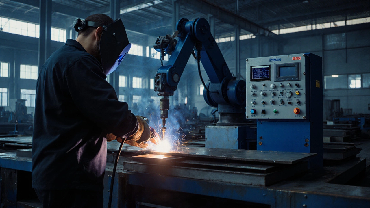 Робот-сварщик выполняет соединение на толстых стальных пластинах в промышленном цеху.