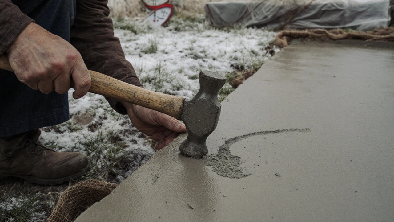 Рука ударяет стальным стержнем по бетону, проверяя его прочность.