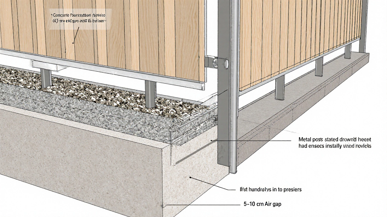 Схема установки забора с бетонным фундаментом, гравийной подушкой и зазором 5–10 см.