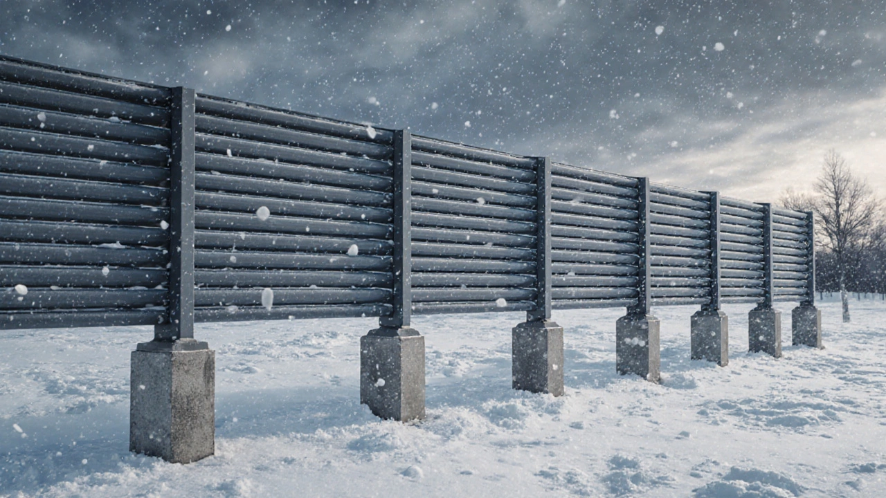 Современный металлический забор с полимерным покрытием, выдерживающий снег и лед.