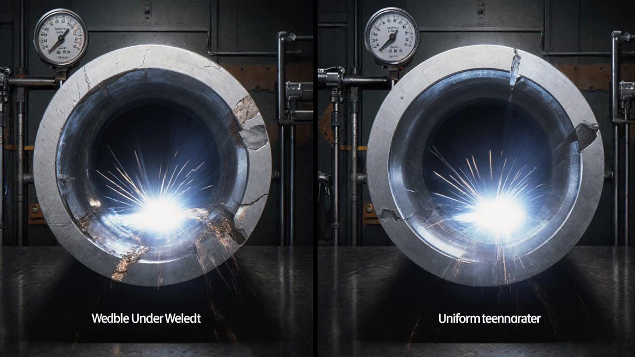 Сравнение двух сварных швов на трубе: один качественный, другой с дефектами.