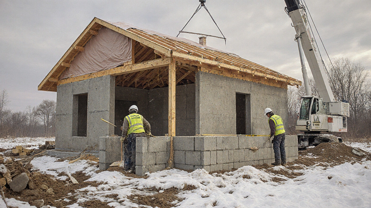 Строители кладут газобетонные блоки на высохший фундамент, частично покрытый снегом и тентом.