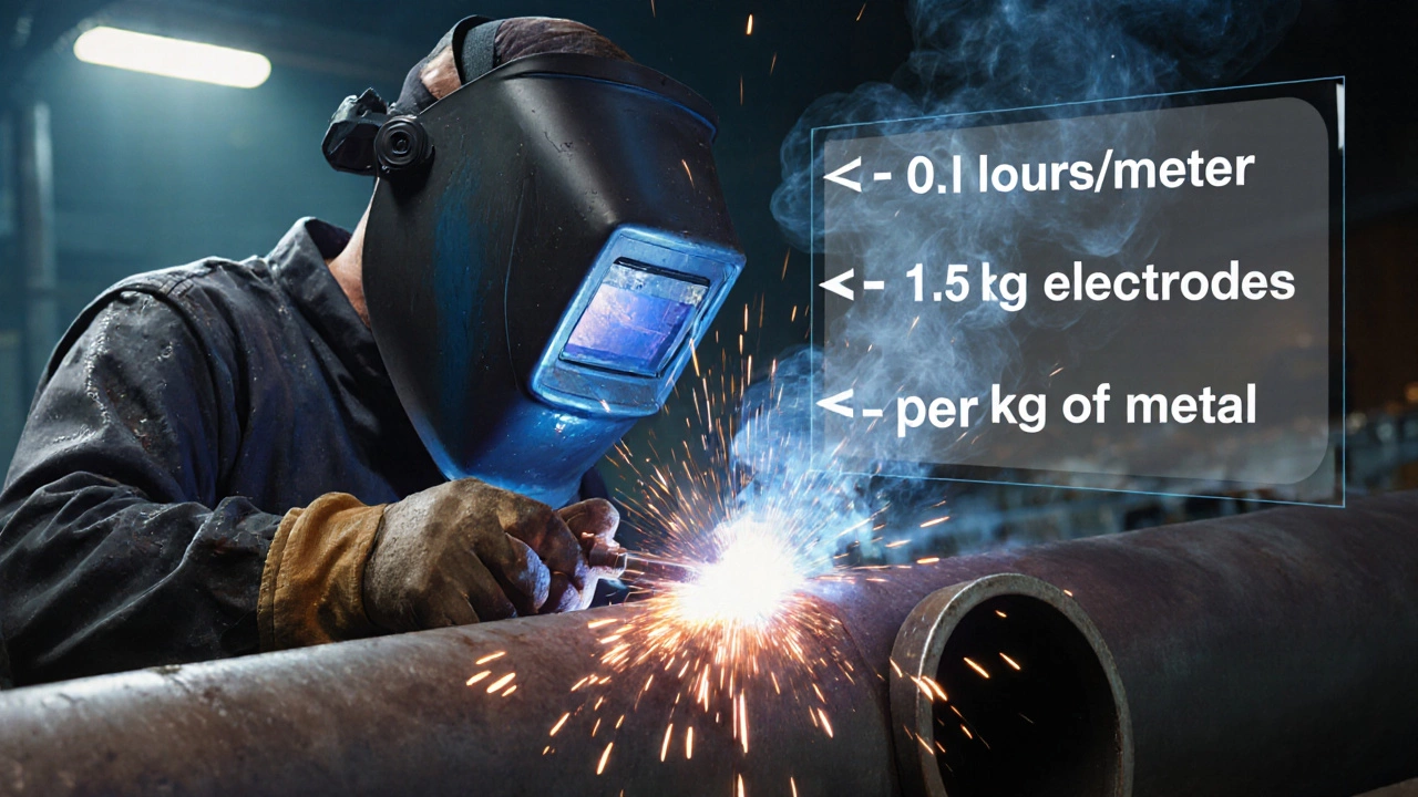 Сварщик выполняет трудную потолочную сварку трубы, рядом — расчеты времени и расхода материалов.