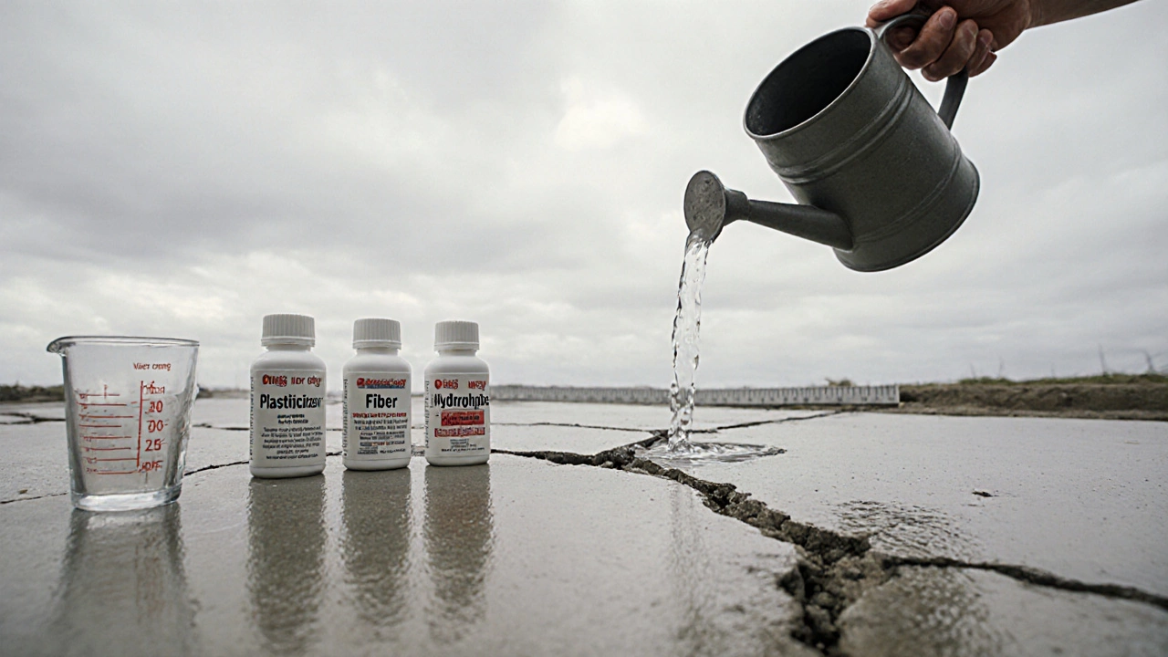 Треснувший бетон с поливом воды и тремя добавками рядом на земле.