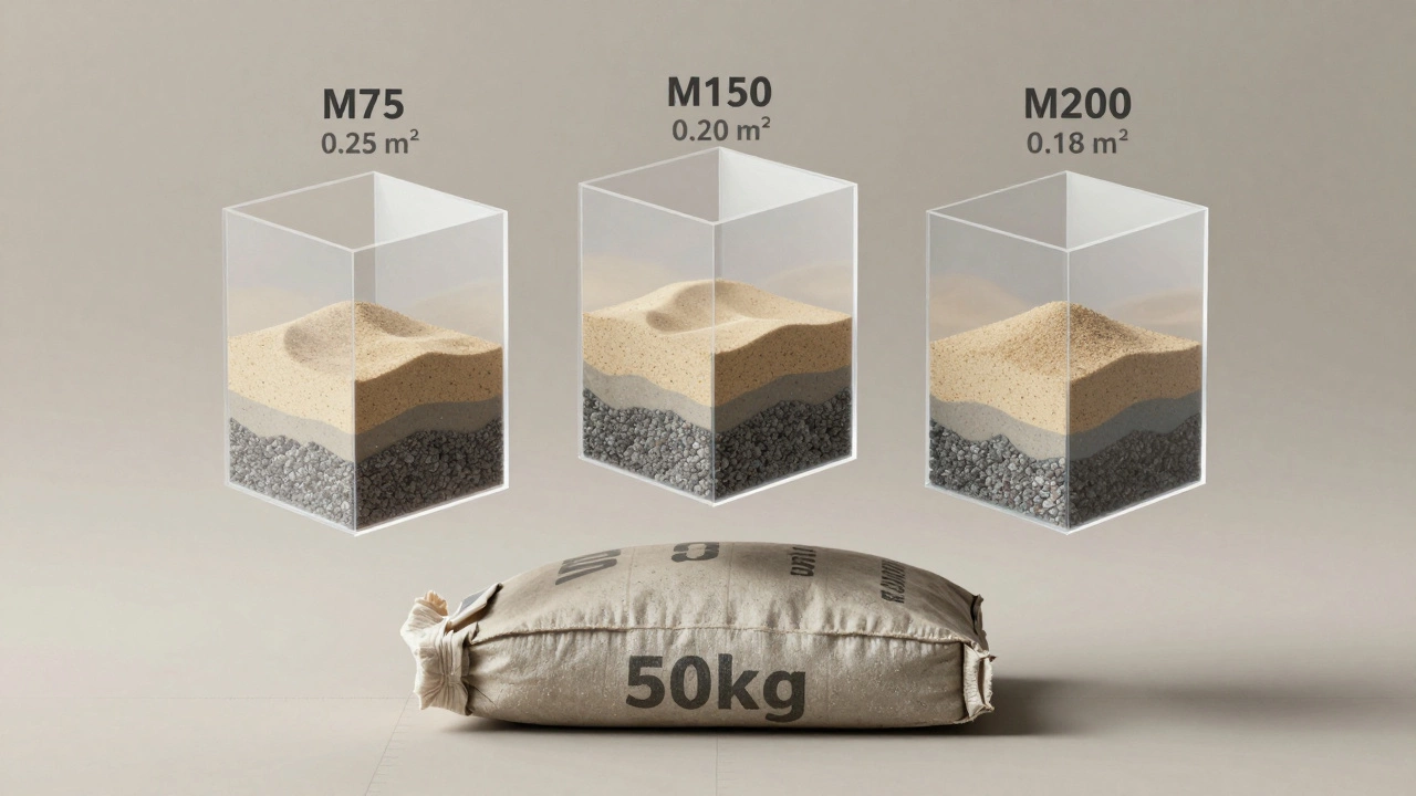 Три прозрачных куба с объемами раствора M75, M150 и M200 над мешком цемента.