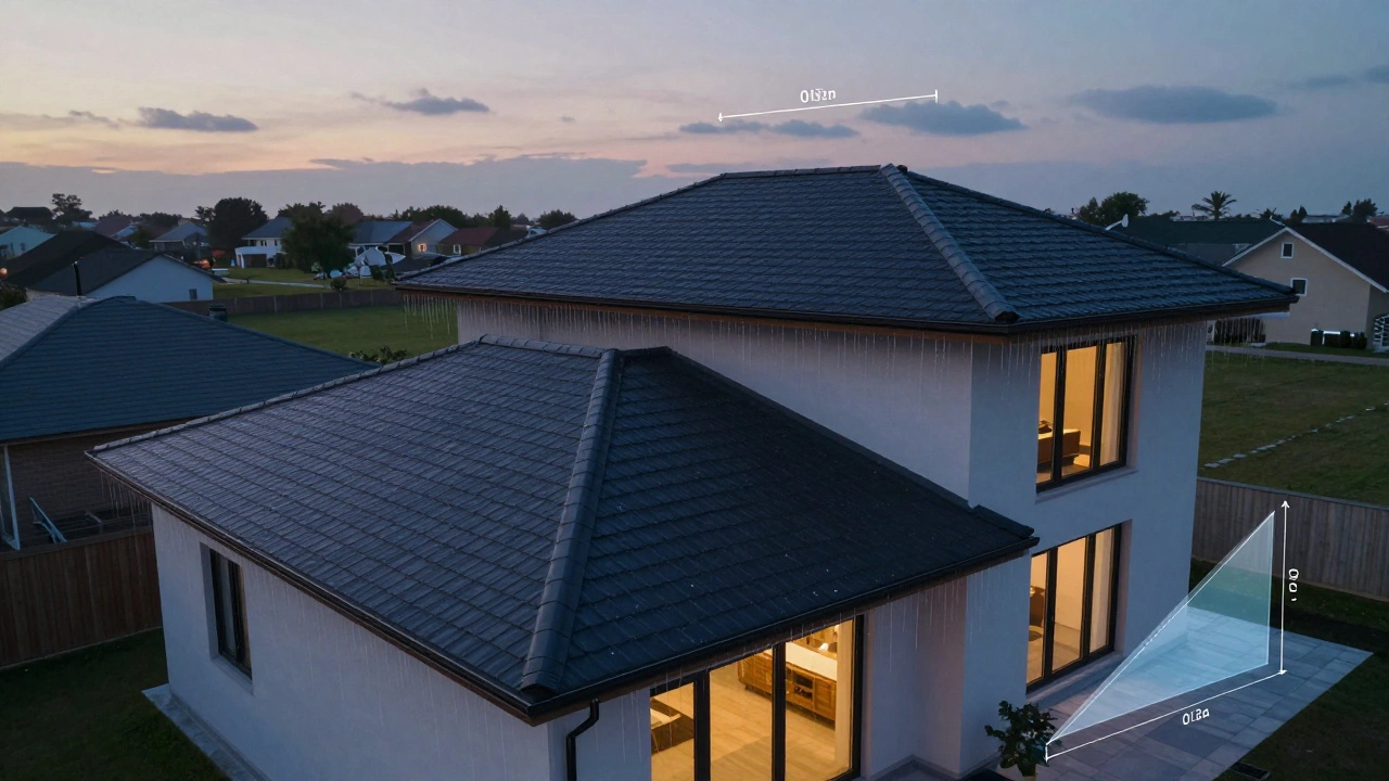 Аэрообзор дома с мансардной крышей, стекающая вода и цифровые измерения в воздухе.