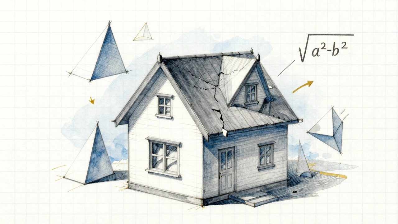 Дом с разбитой на геометрические фигуры вальмовой крышей, рисунок карандашом на бумаге.