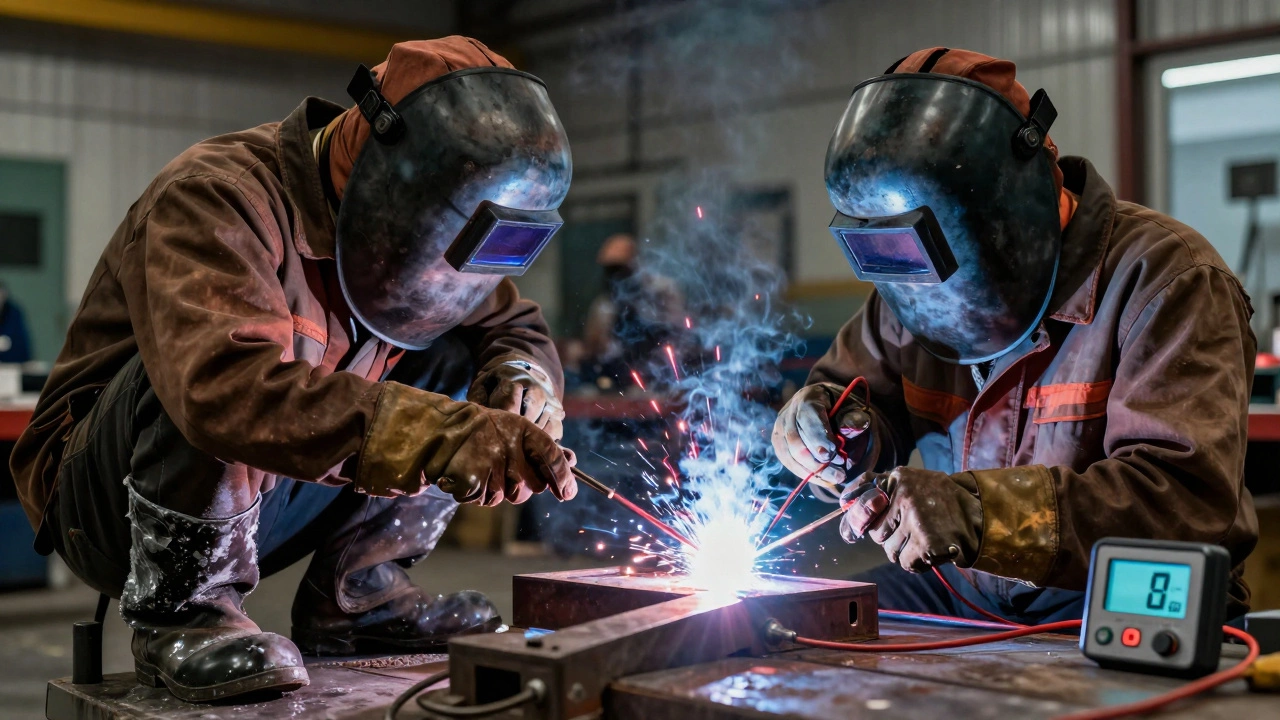 Два сварщика: один в холоде с трудом, другой в тепле с идеальными условиями — символизируют разницу в производительности.