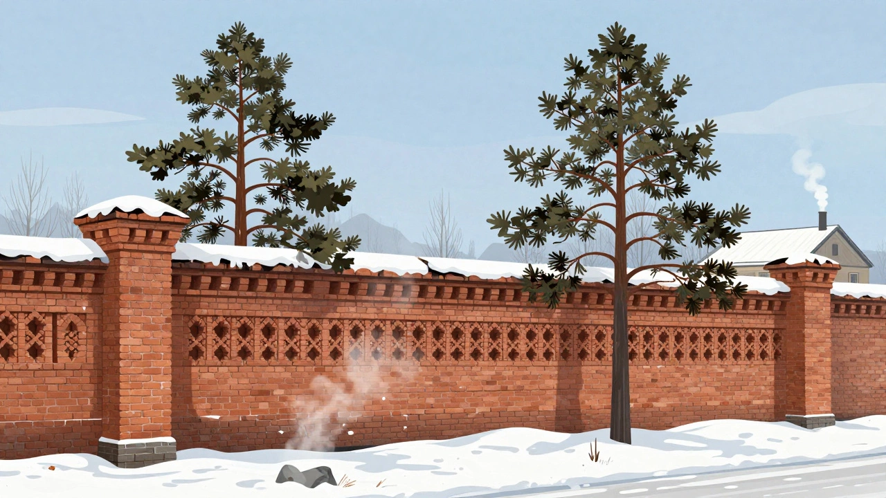 Кирпичный забор стоит непоколебимо на фоне снежного пейзажа Казани, с уютным деревом рядом.