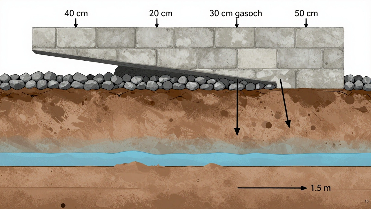 Поперечный разрез фундамента: бетонная лента, подушка из щебня, уровень промерзания, распределение нагрузки на слои грунта.