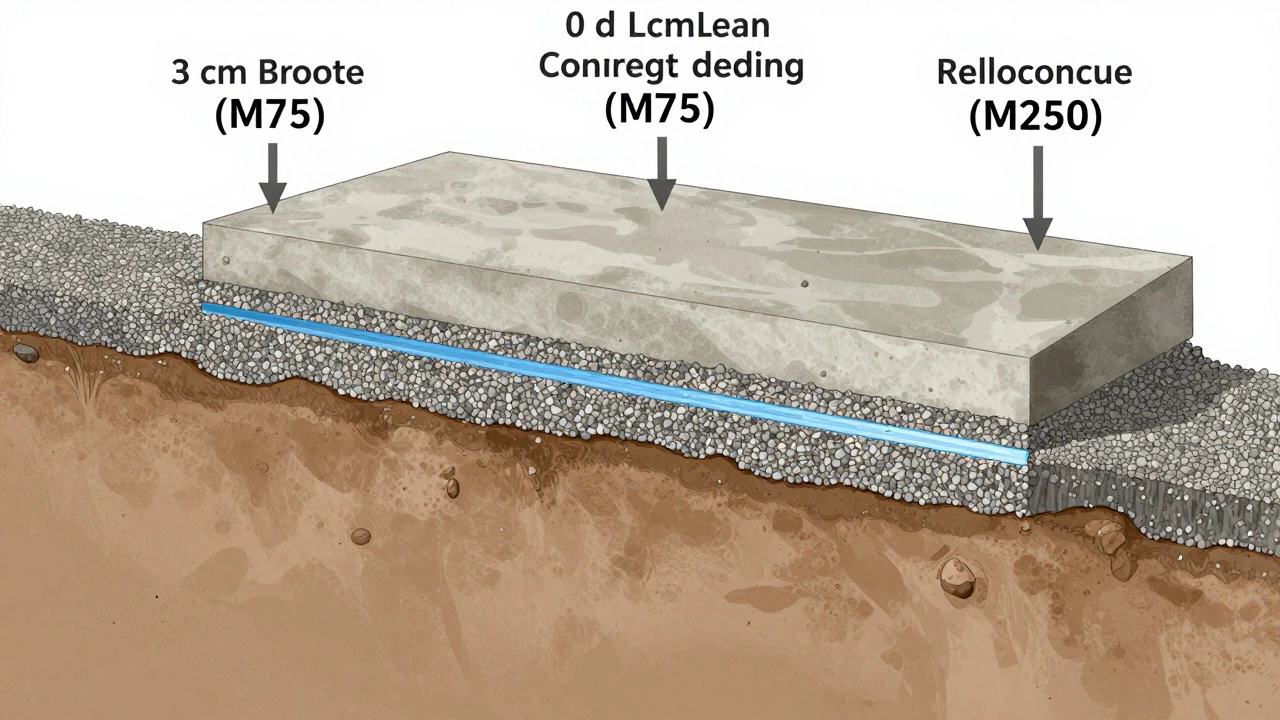 Разрез фундамента с правильными слоями: геотекстиль, щебень, подбетонка и армированный бетон.