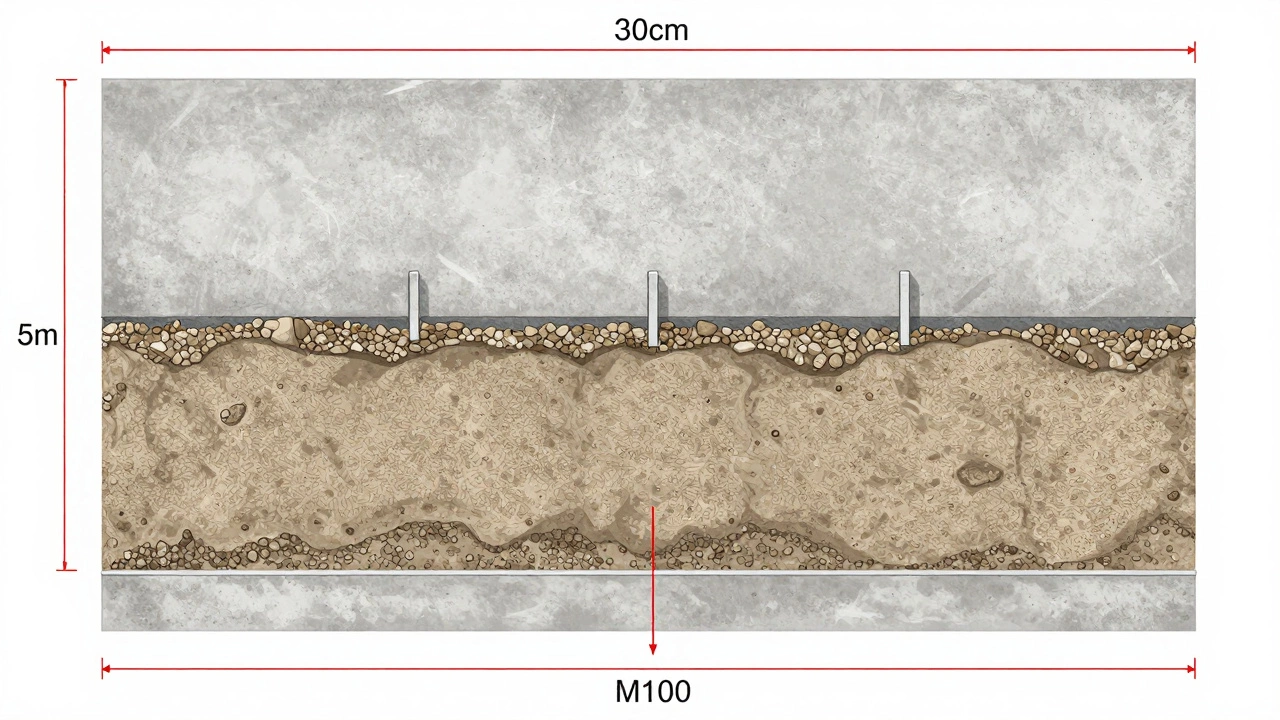 Разрез фундамента с телом 30 см и расширенной подошвой 50 см из утрамбованного песка и щебня.