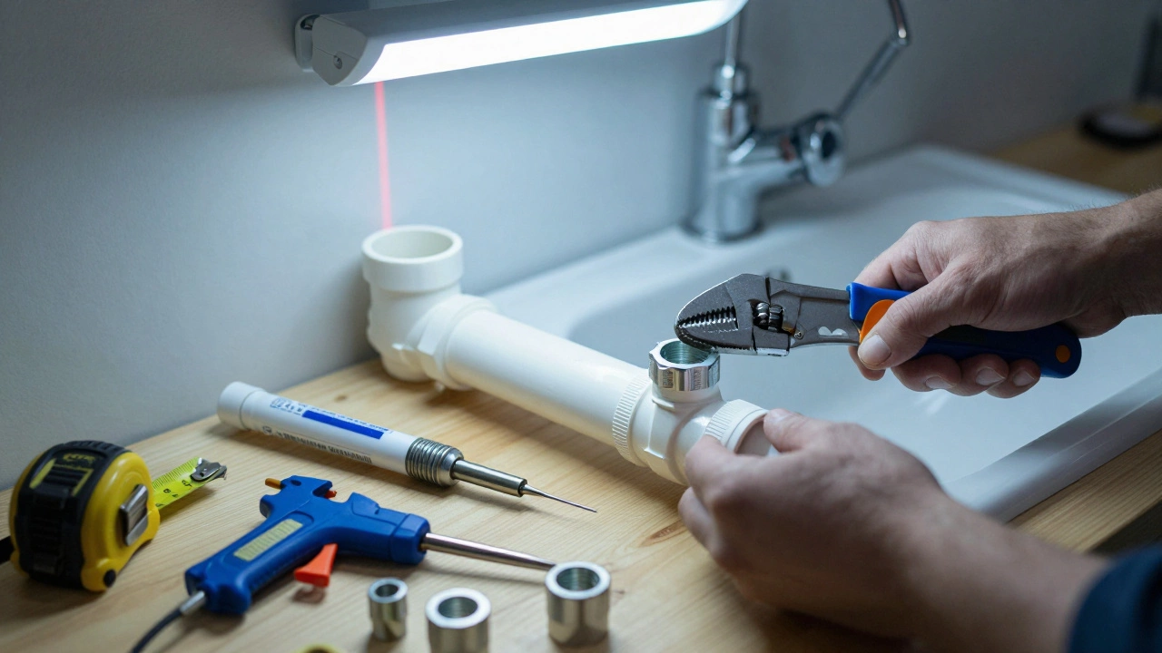Руки мастера работают с труборезом и гаечным ключом при установке сантехники, виден лазерный уровень.