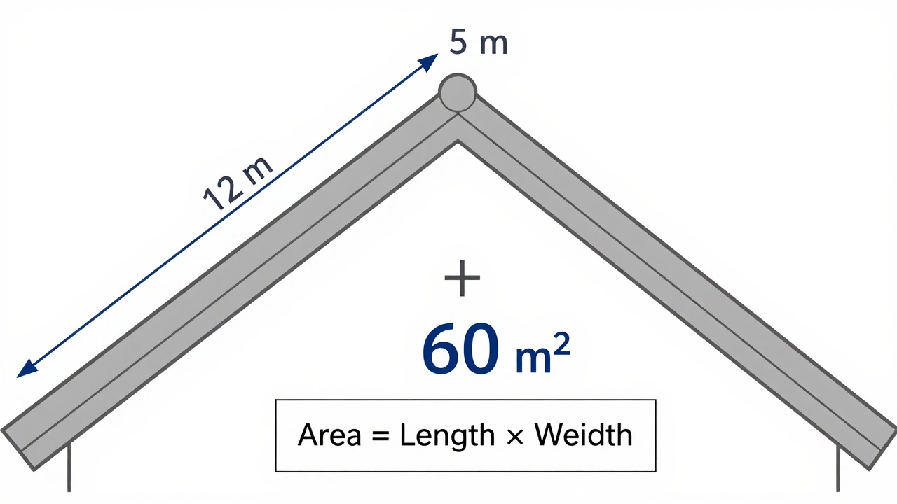 Схема двускатной крыши с размерами скатов и формулой расчета площади.