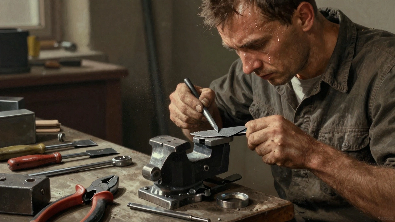 Слесарь обрабатывает металл напильником, зажав деталь в тисках в промышленной мастерской.