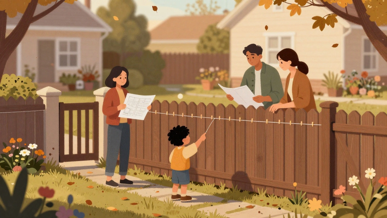 Соседи обсуждают проект забора в саду, показывая план и размечая линию натянутой веревкой.