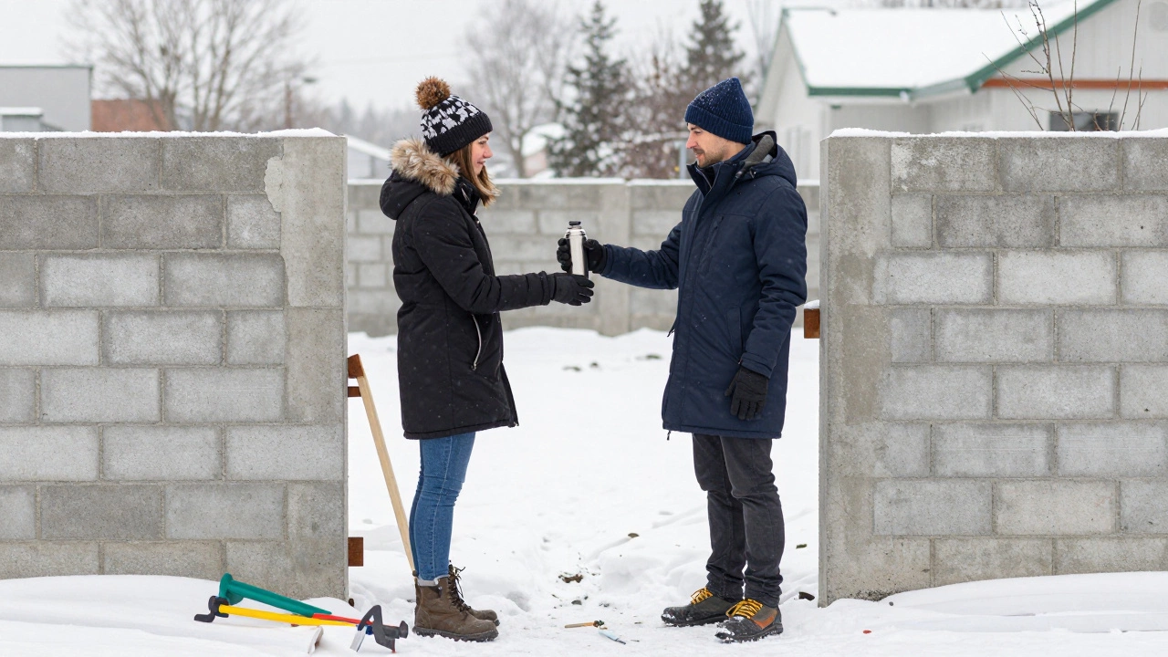 Соседи заключают соглашение у нового бетонного забора, делят затраты и мирно общаются.