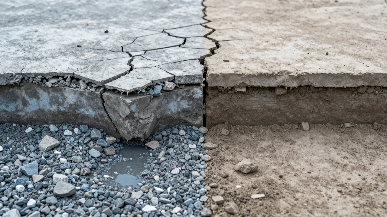 Сравнение разрушенного и правильного фундамента: трещины и осадка слева, ровная поверхность справа.