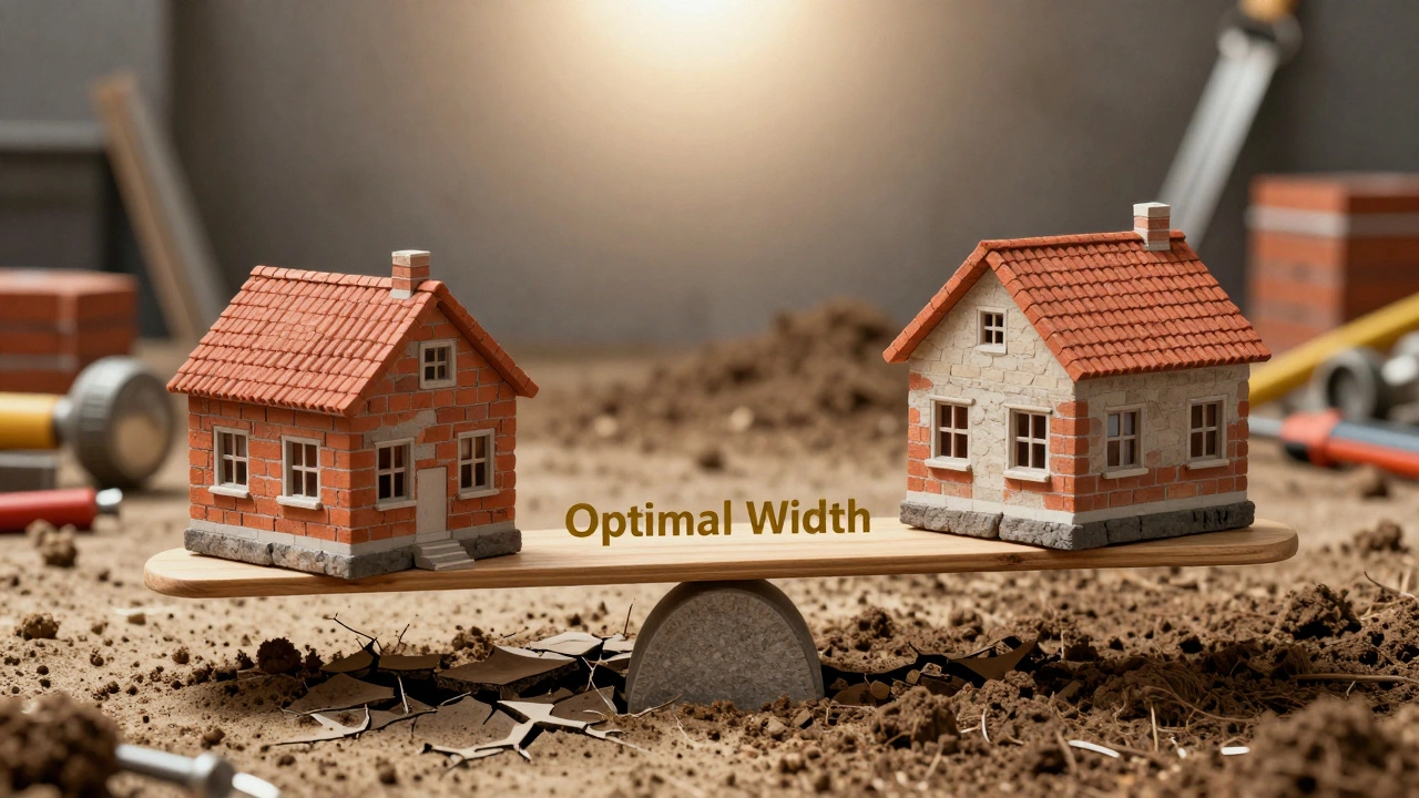 Сравнение треснувшего узкого фундамента и прочного широкого под тяжелым домом.