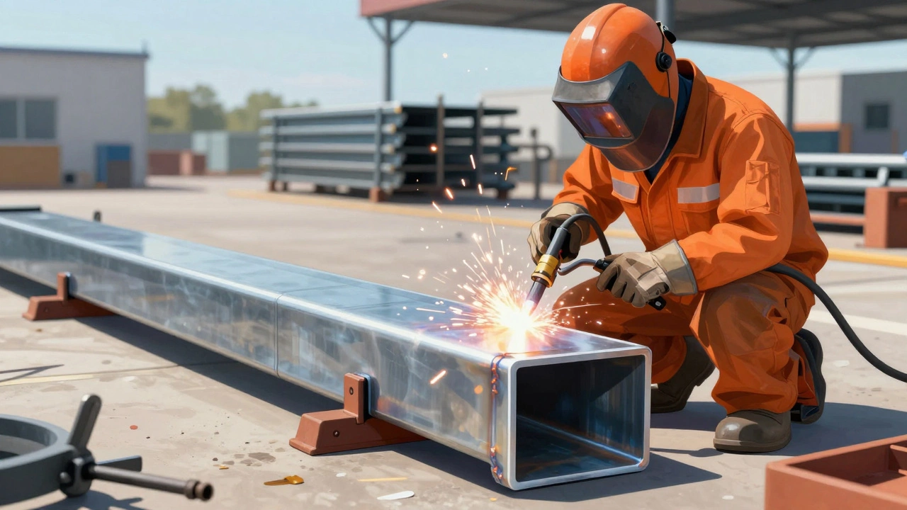 Сварщик использует MIG-аппарат на профильной трубе в светлом цеху, лето, искры летят в воздухе.