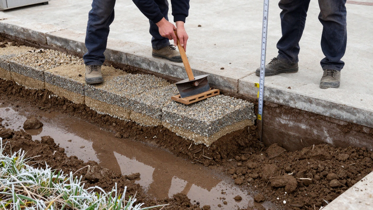 Засыпка песчано-гравийной смесью вокруг фундамента с уплотнением слоев.