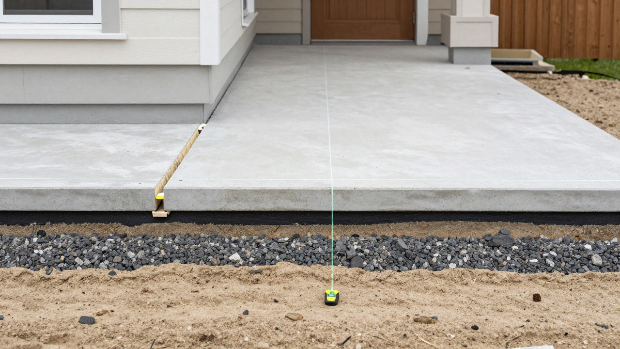 Завершённая отмостка с уклоном и деформационным швом вокруг дома.