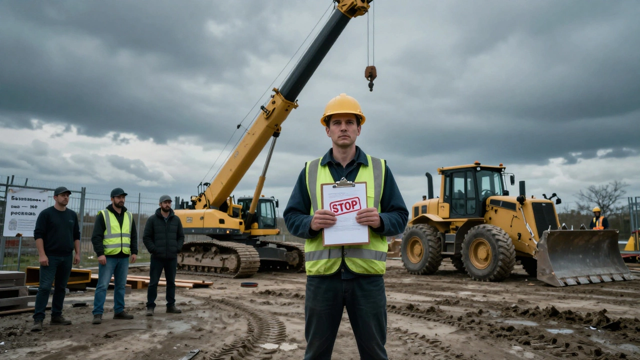 Бригадир останавливает работу крана с деформированной стрелой, рабочие остановились, на заднем плане — исправная техника.