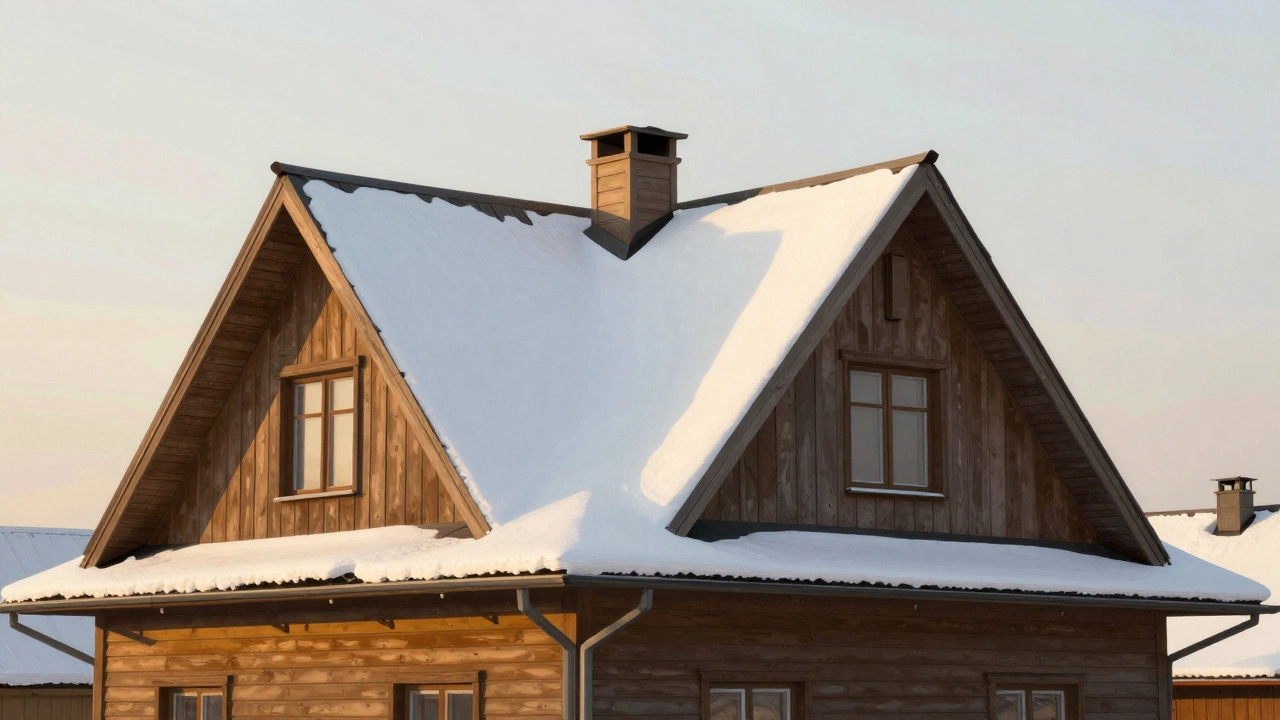 Дом с крутой двускатной крышей и свесами под золотым светом заката.